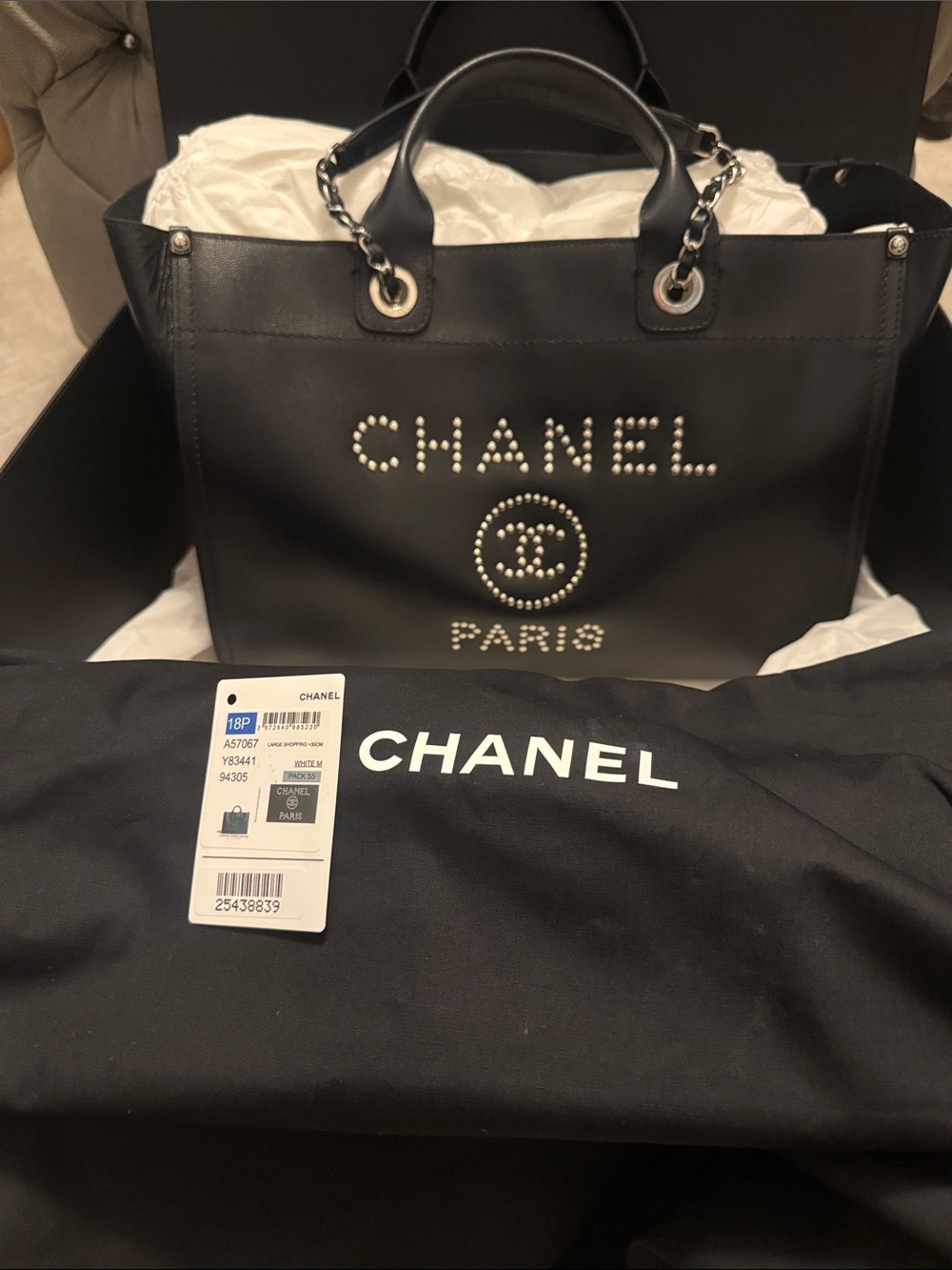 CHANEL Black Studded Logo Tote with Chain-Detail Handles